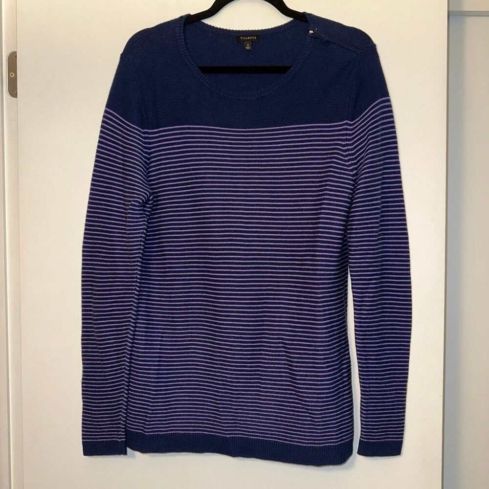 Talbots Medium Long Sleeve Crew Sweater Navy Purple Stripe Cashmere Blend EUC